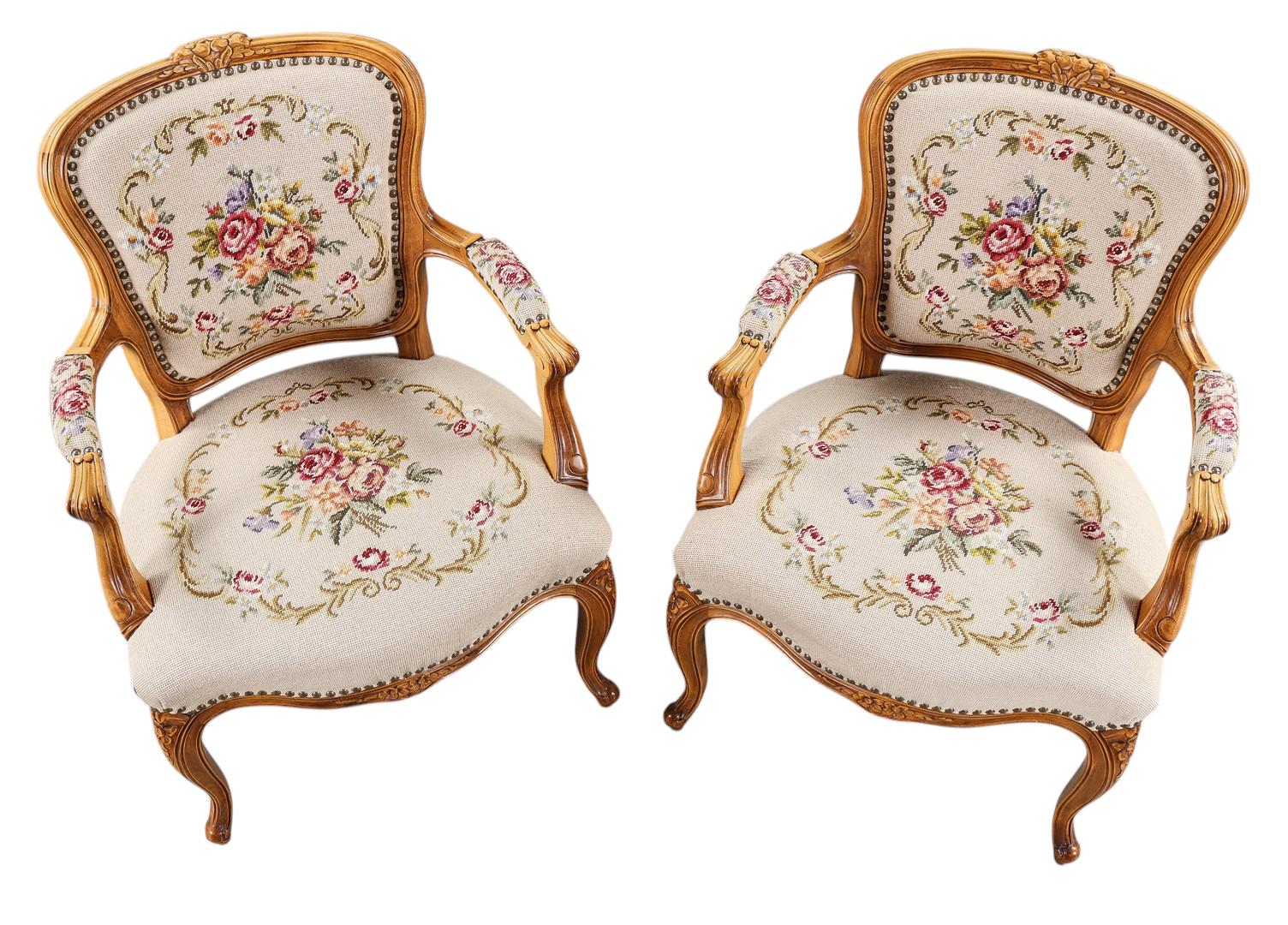 Louis XV style  Armchair. Hand-Carved Rococo Frame, Needlepoint Pastoral Tapestry. French Style, 1970s