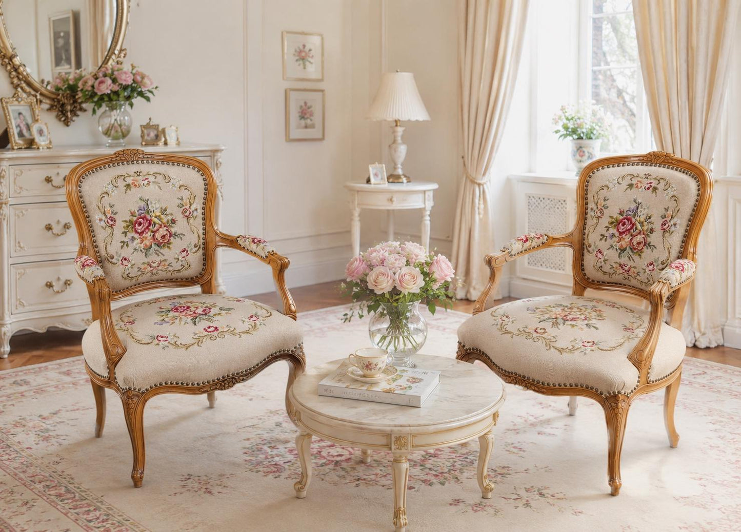 Louis XV style  Armchair. Hand-Carved Rococo Frame, Needlepoint Pastoral Tapestry. French Style, 1970s