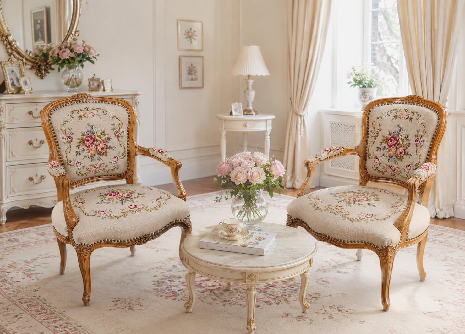 Louis XV style  Armchair. Hand-Carved Rococo Frame, Needlepoint Pastoral Tapestry. French Style, 1970s
