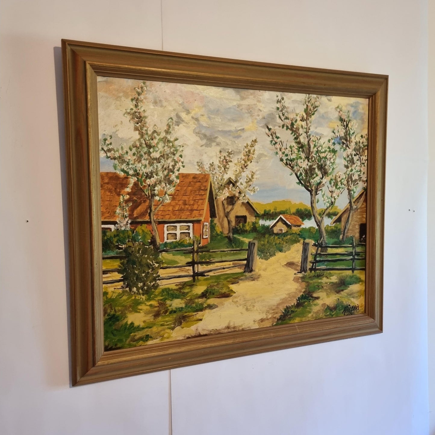 Vintage Swedish Spring Landscape Oil Painting | Blooming Countryside Cottage Scene | Framed Scandinavian Wall Art