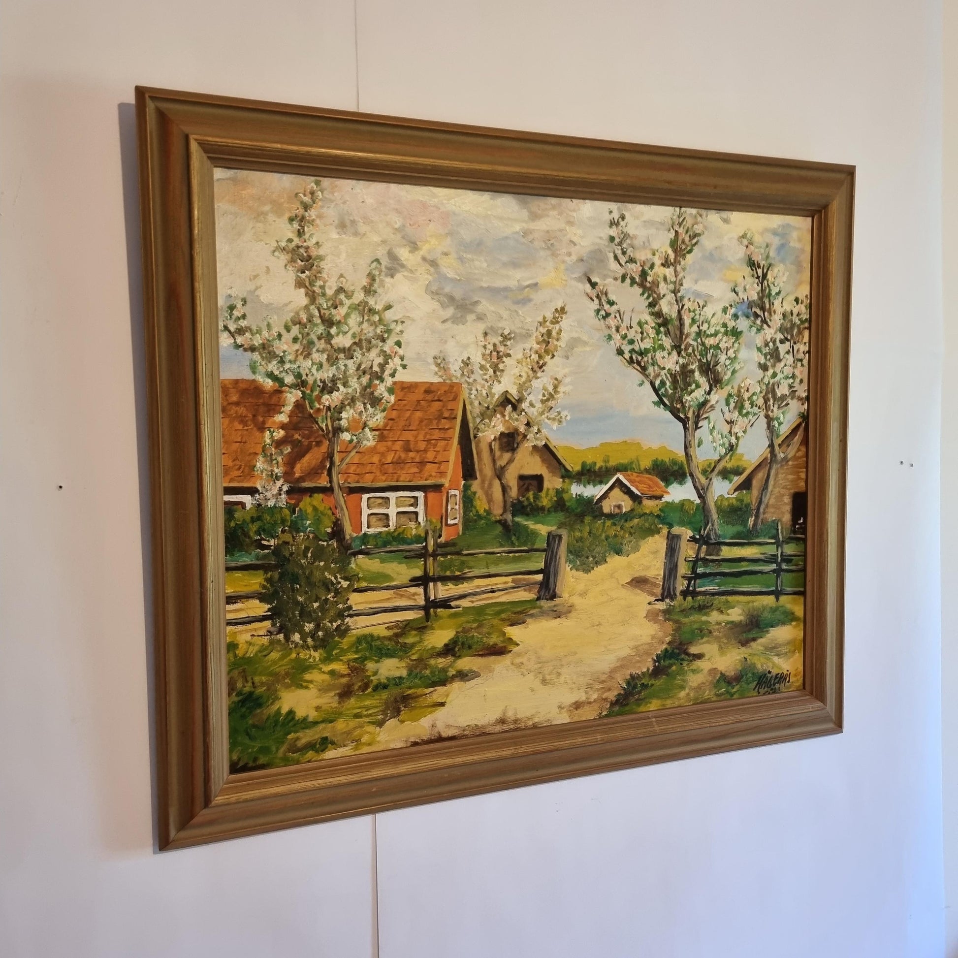 Vintage Swedish Spring Landscape Oil Painting | Blooming Countryside Cottage Scene | Framed Scandinavian Wall Art