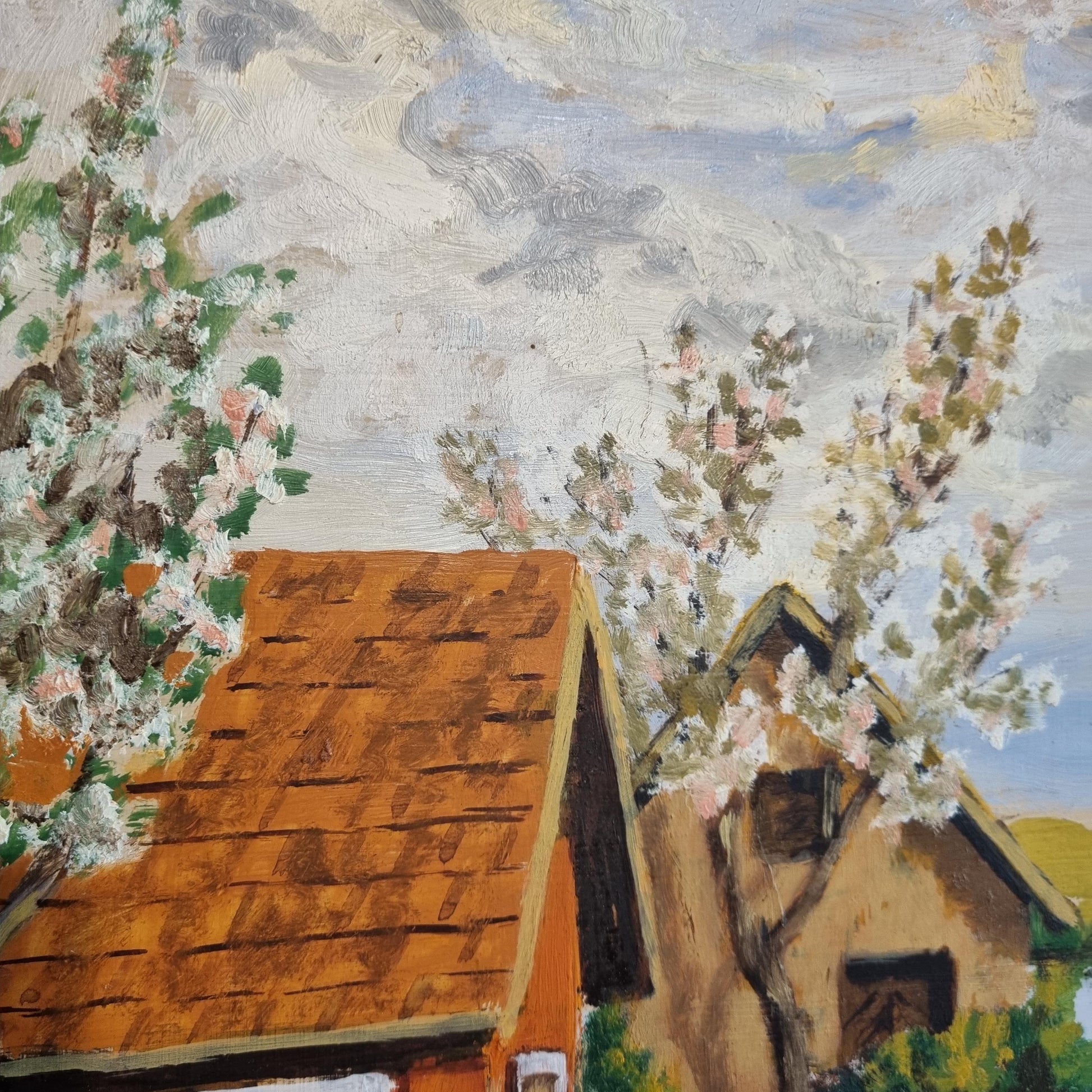 Vintage Swedish Spring Landscape Oil Painting | Blooming Countryside Cottage Scene | Framed Scandinavian Wall Art