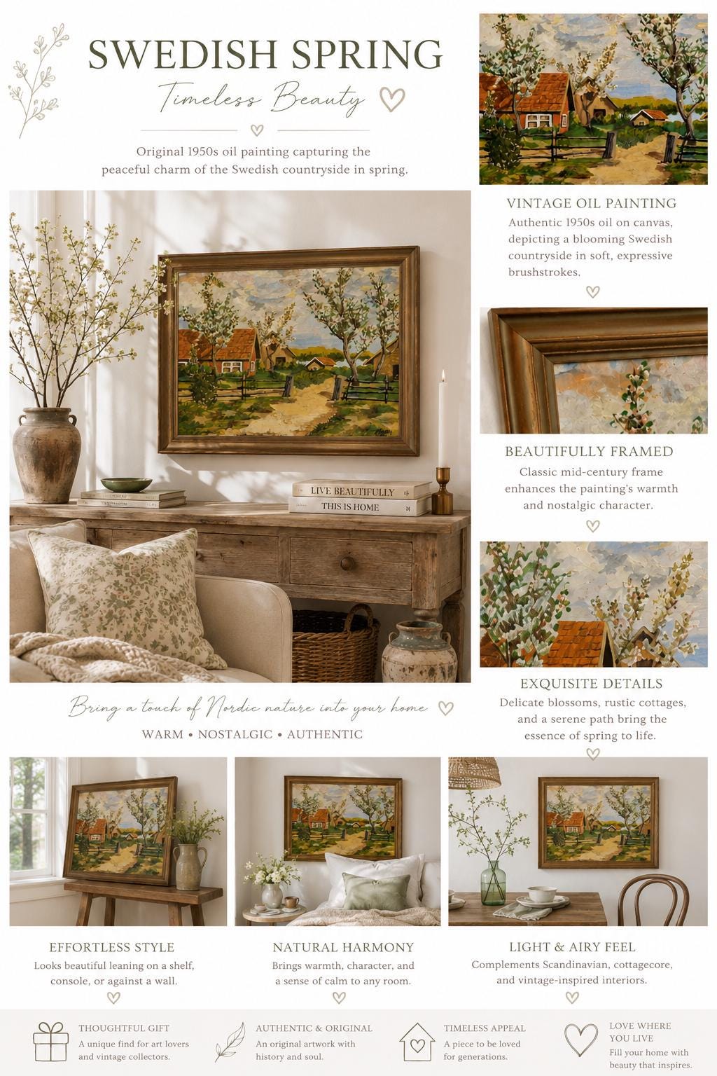 Vintage Swedish Spring Landscape Oil Painting | Blooming Countryside Cottage Scene | Framed Scandinavian Wall Art