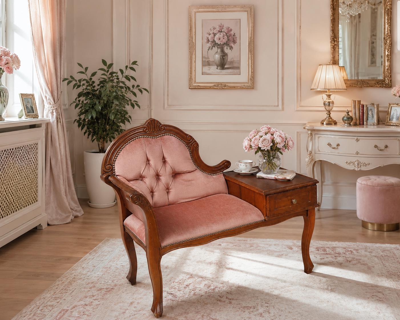 Gossip Bench Telephone Table Pink Velvet Carved Wood Vanity Seat with Drawer