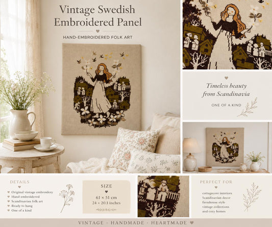 Swedish Embroidery Wall Art | Scandinavian Folk Textile | Hand Embroidered Cottagecore Decor