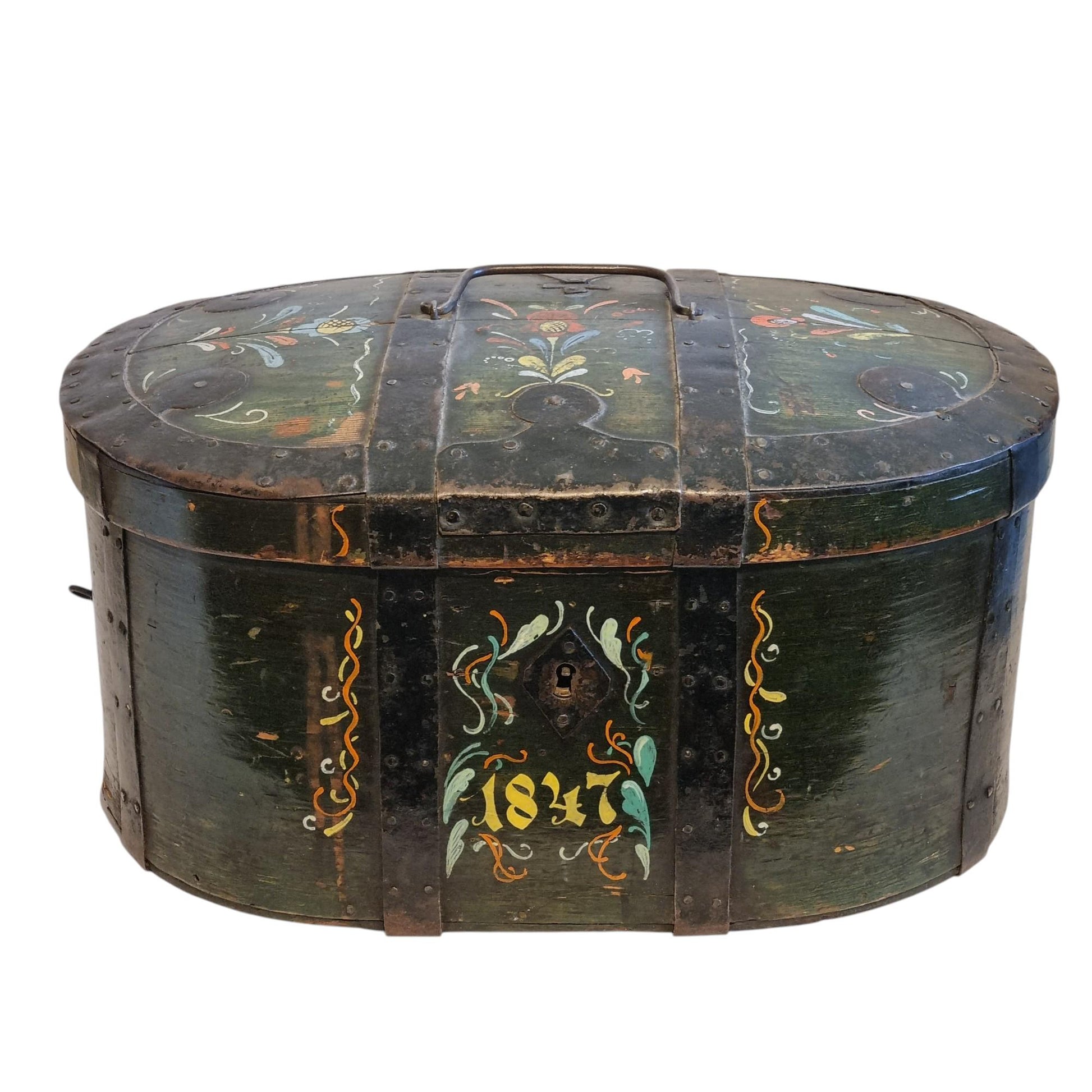 Antique Swedish Folk Art Vedding  Box,  Kurbits Painting, 19th Century Scandinavian  Bentwood Box, Rosemaling Chest