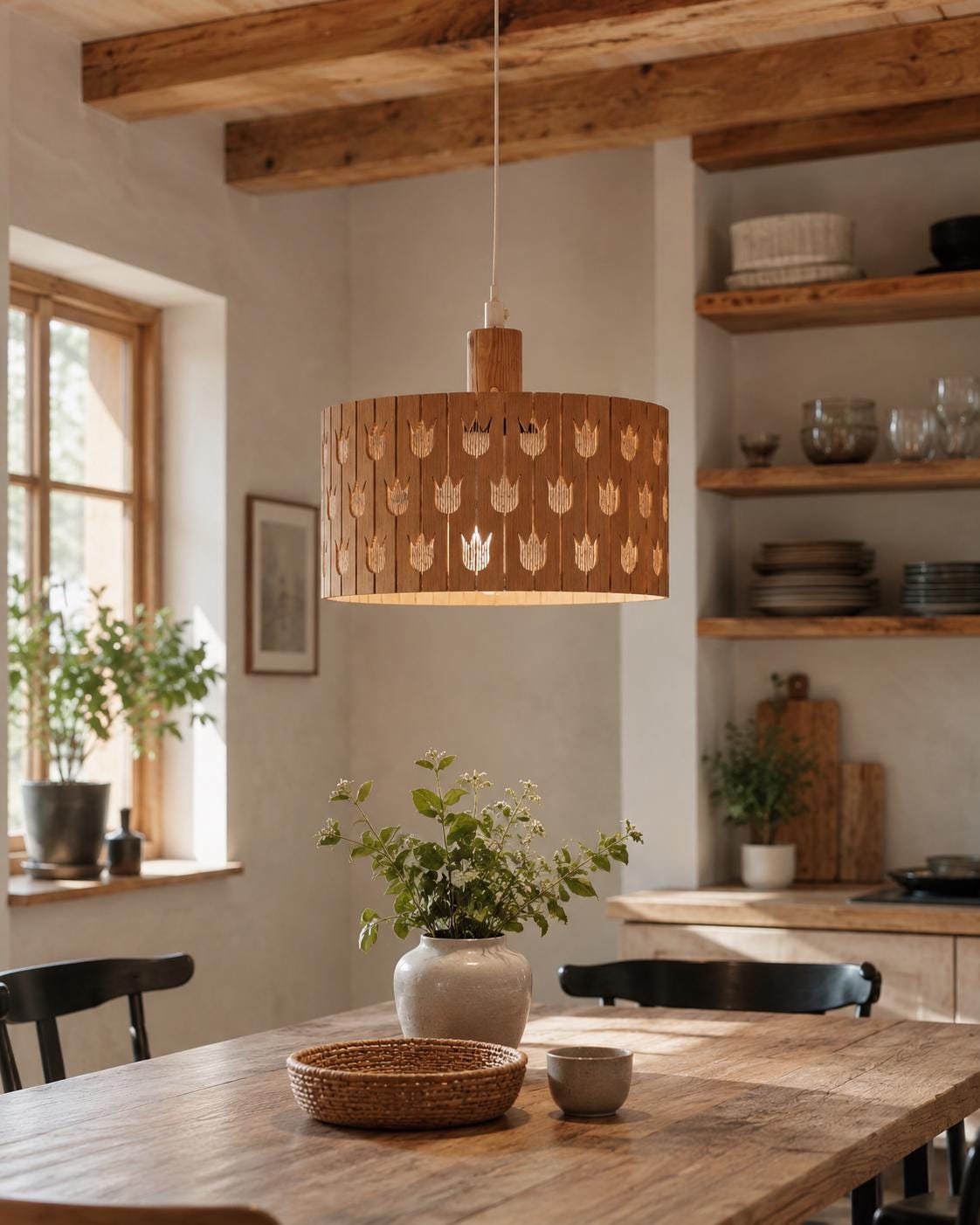 Swedish Wood Pendant Lamp Tulip Cutout Shade 1970s Scandinavian