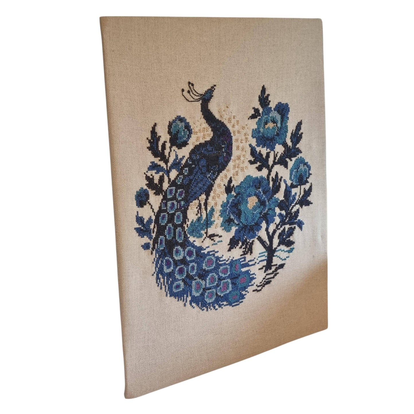 Embroidered Peacock Vintage Textile Wall Art, Scandinavian Folk Art Panel 1960s