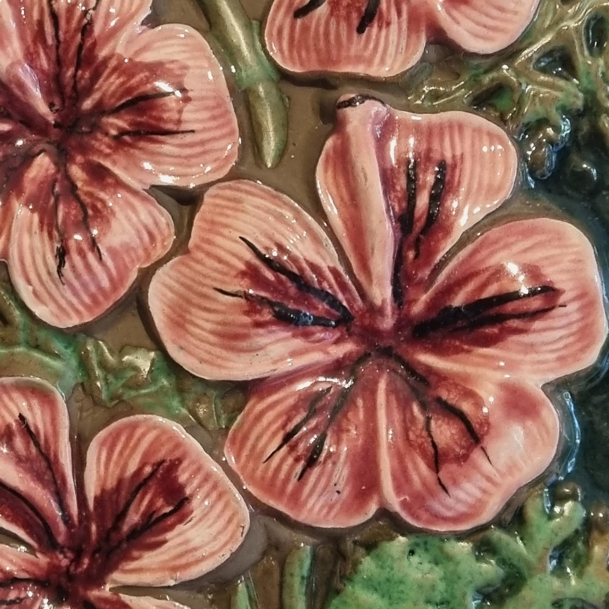Wall Hanging Jie Gantofta Aimo Pink Geranium Ceramic Plaque Mid Century Scandinavian Swedish Floral Wall Art Green 1960s Sweden