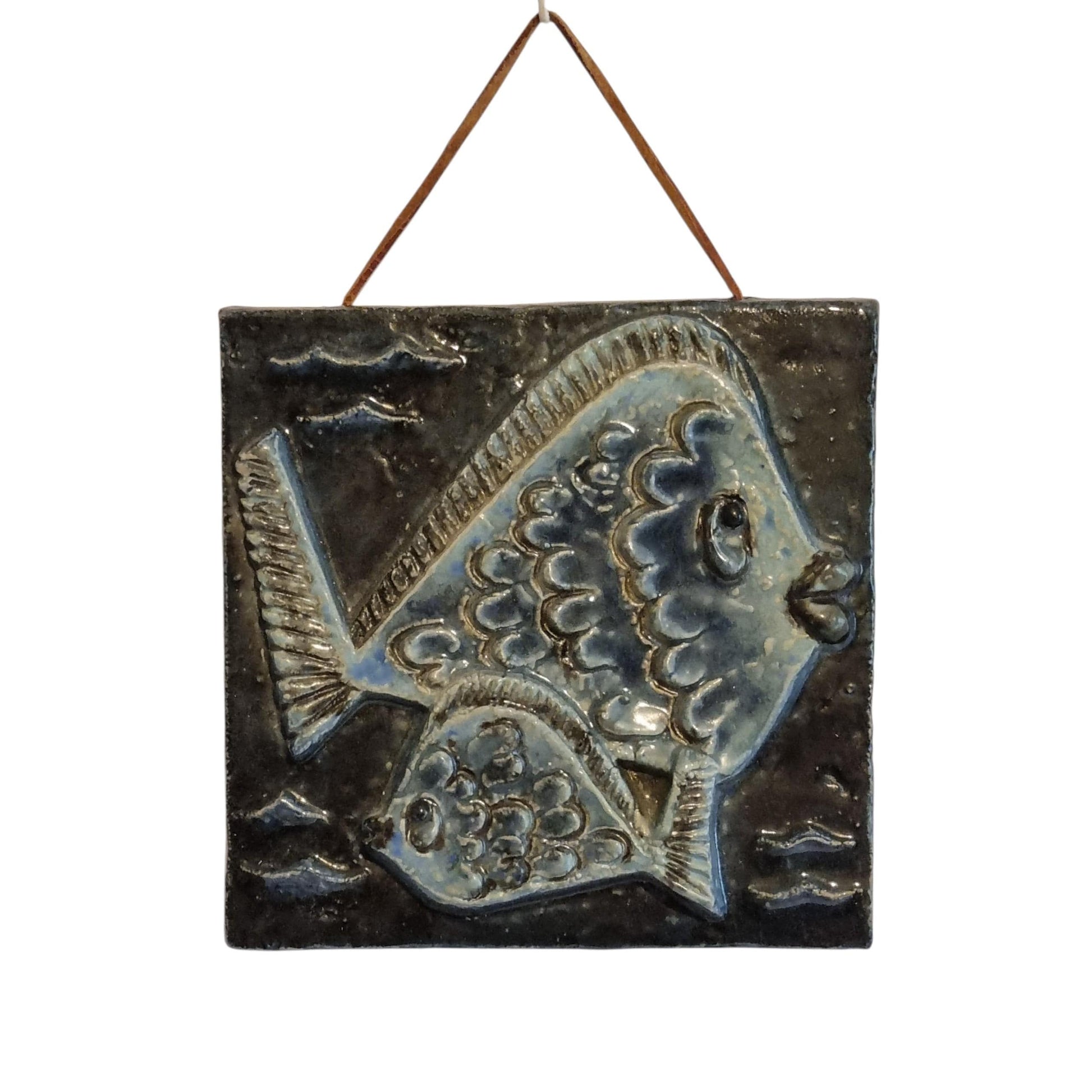 Wall Hanging Willi Fischer Blue Fish Ceramic Plaque Mid Century Scandinavian Swedish Stoneware Wall Art Black Glaze 1960s Sweden