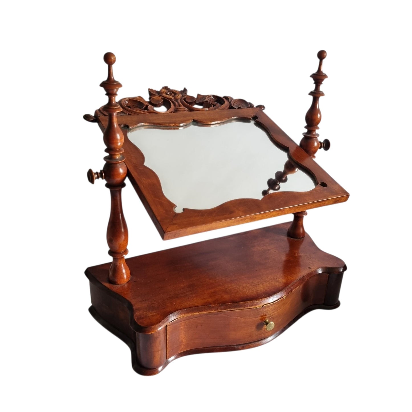 Dressing Table Mirror with Drawer, Antique Carved Tilting Vanity Mirror, Wooden Swing Toilet Stand, Victorian Style Mahogany Vanity
