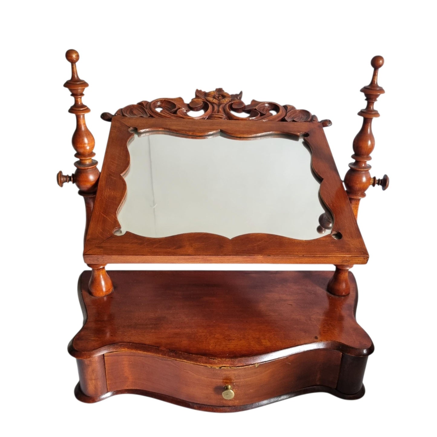 Dressing Table Mirror with Drawer, Antique Carved Tilting Vanity Mirror, Wooden Swing Toilet Stand, Victorian Style Mahogany Vanity