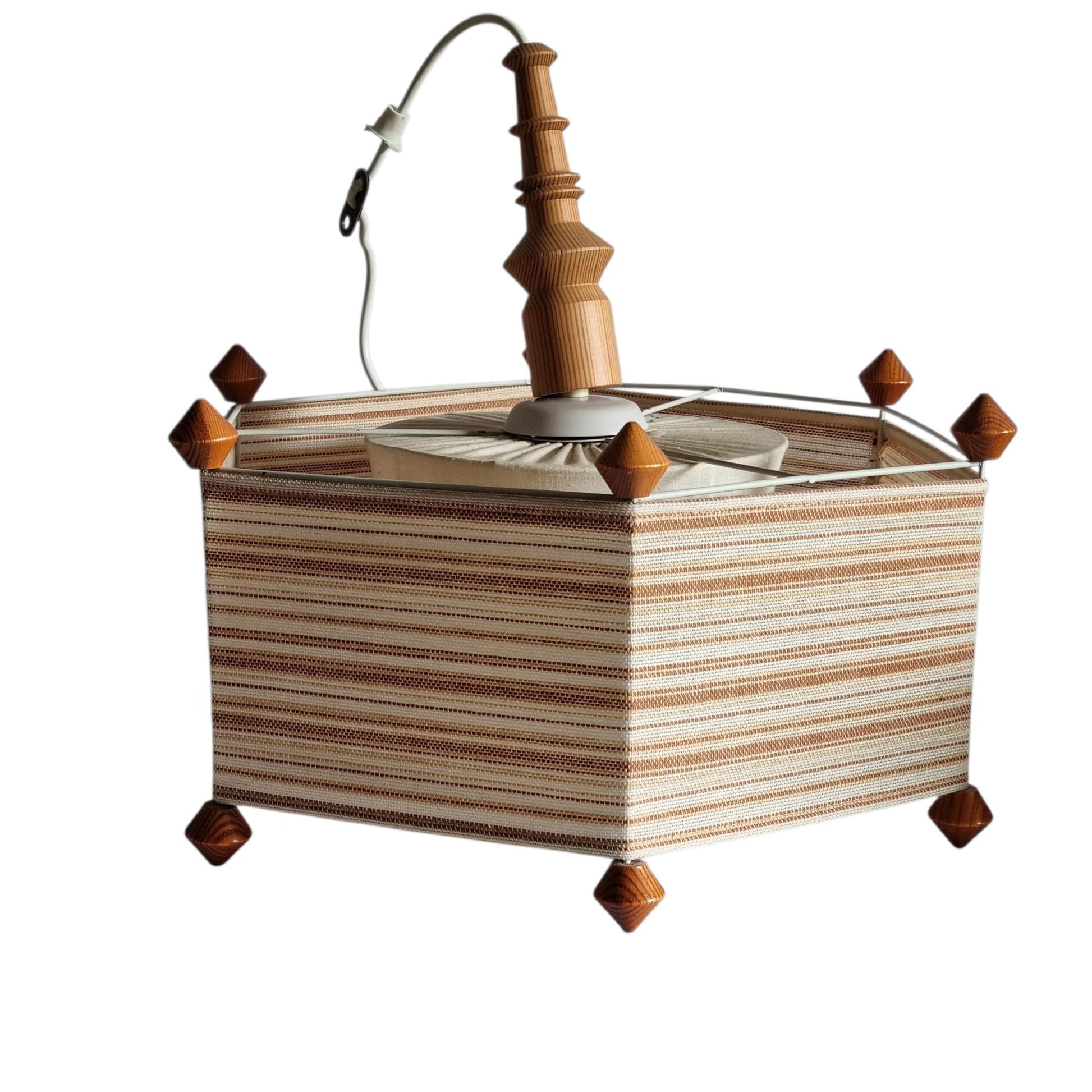 Pendant Lamp with Striped Fabric Shade, Square Pine Ceiling Light, Swedish 1970s Scandinavian Hanging Lamp, Rustic Brown Beige Pendant