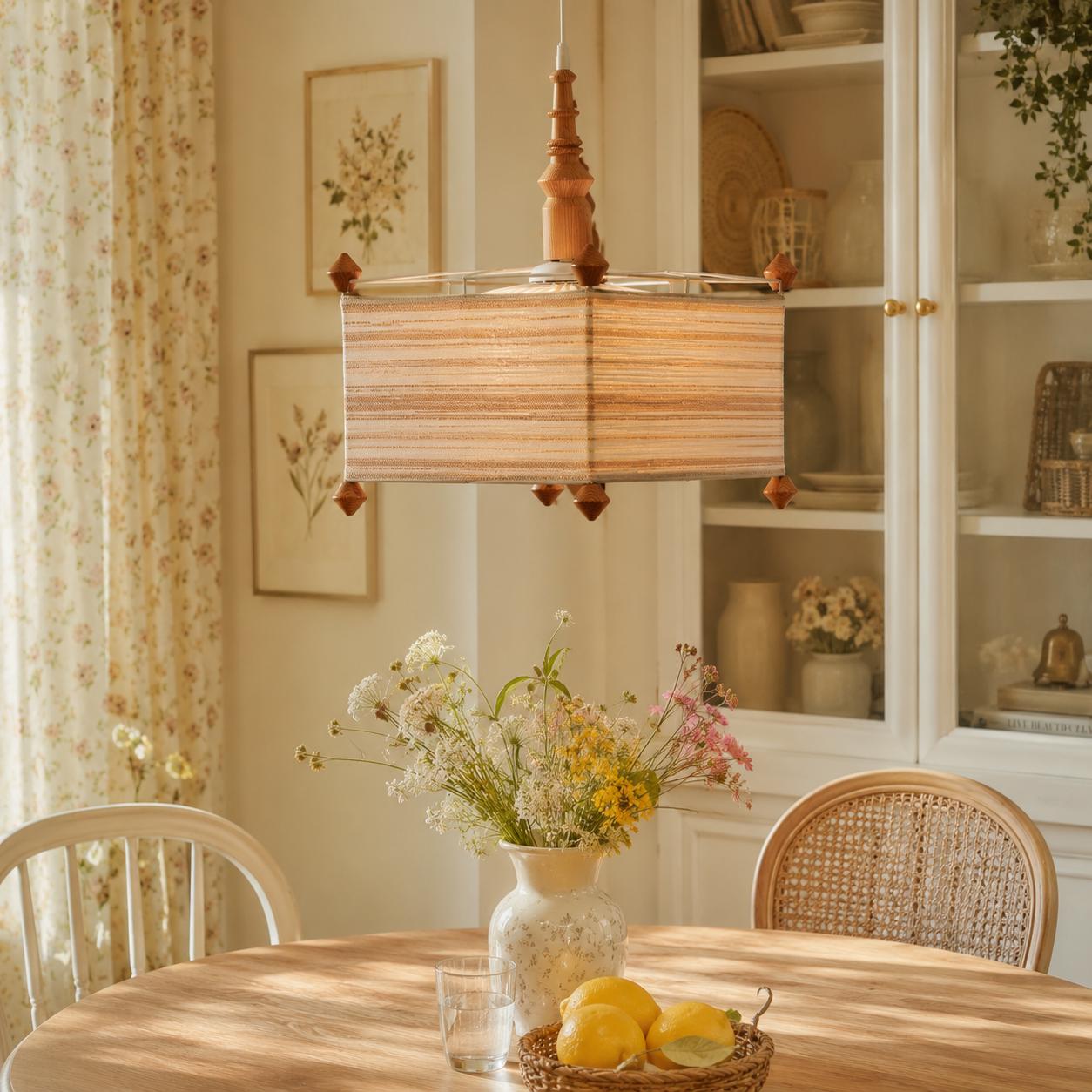 Pendant Lamp with Striped Fabric Shade, Square Pine Ceiling Light, Swedish 1970s Scandinavian Hanging Lamp, Rustic Brown Beige Pendant