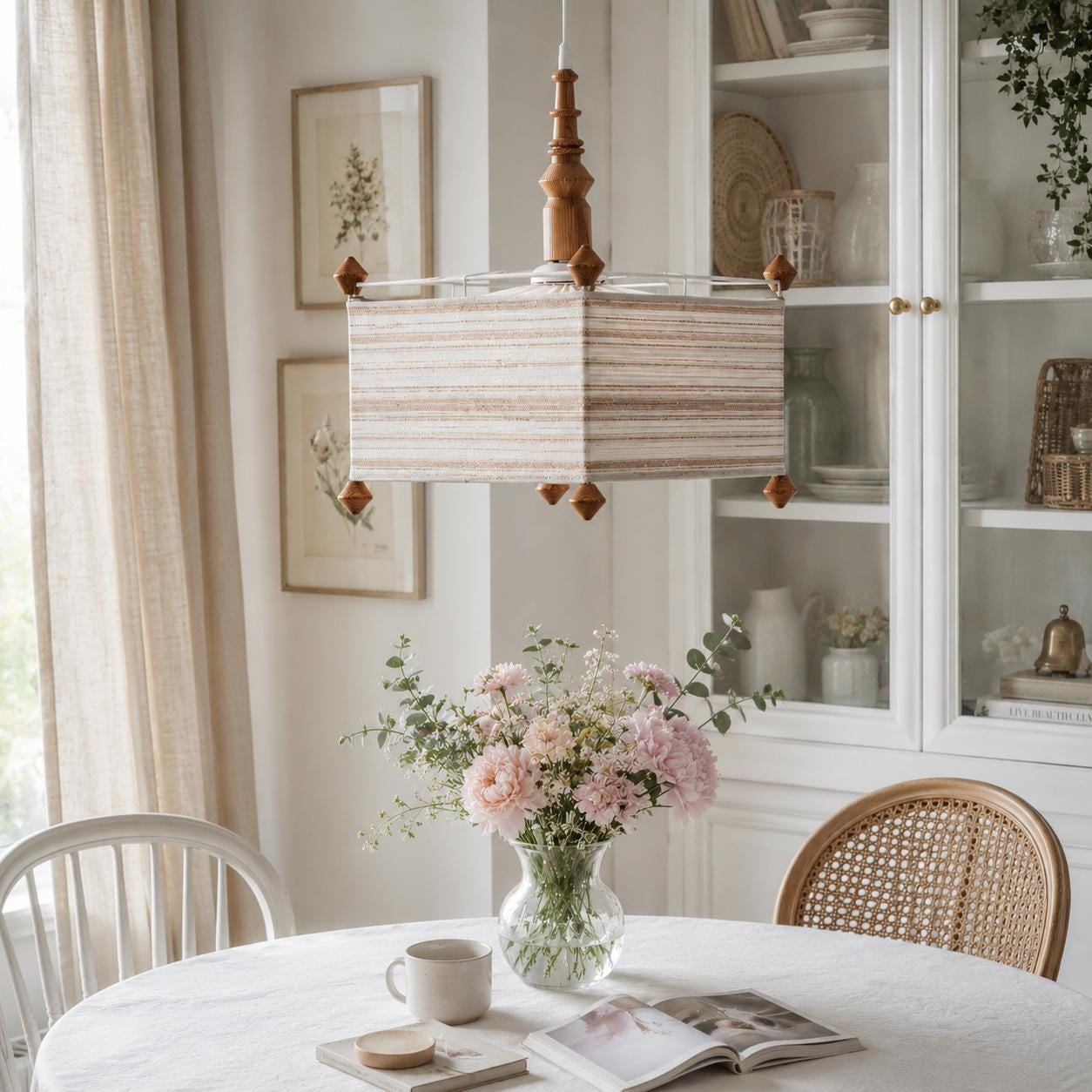 Pendant Lamp with Striped Fabric Shade, Square Pine Ceiling Light, Swedish 1970s Scandinavian Hanging Lamp, Rustic Brown Beige Pendant