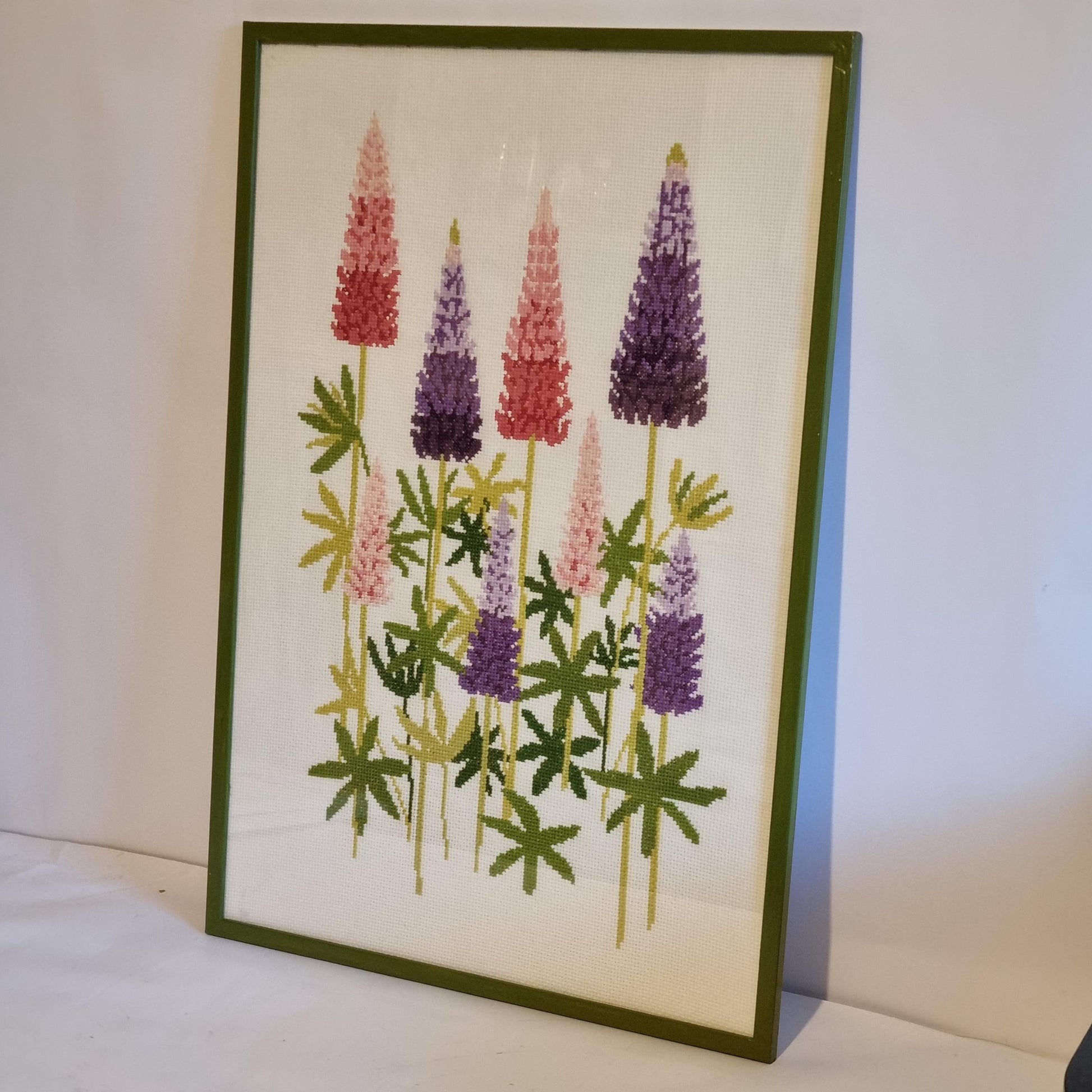 Framed Cross Stitch Lupine Flowers Wall Art Scandinavian Floral Needlework Sweden