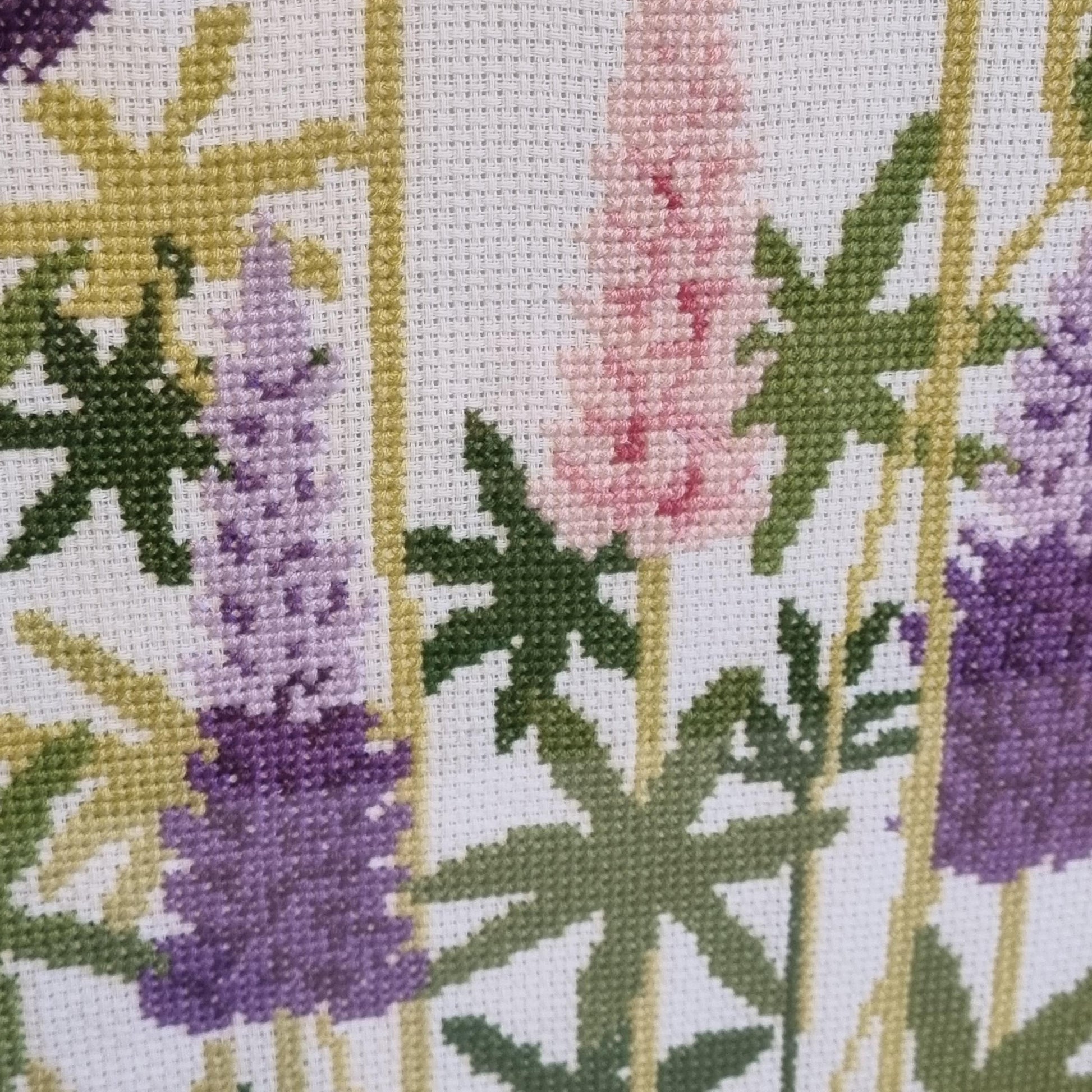 Framed Cross Stitch Lupine Flowers Wall Art Scandinavian Floral Needlework Sweden