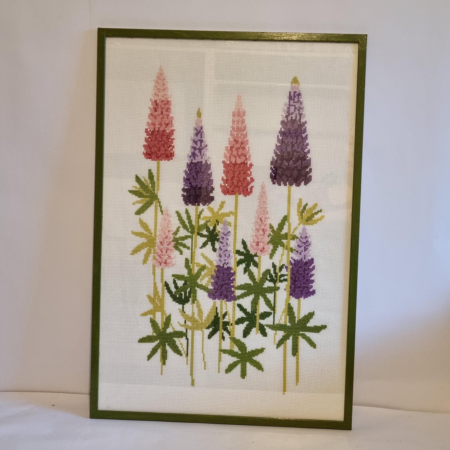 Framed Cross Stitch Lupine Flowers Wall Art Scandinavian Floral Needlework Sweden