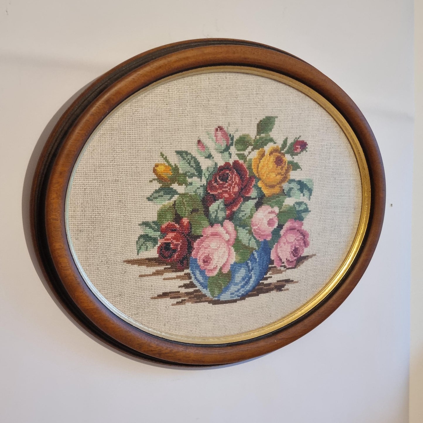Framed Needlepoint Roses Bouquet Oval Wall Art Sweden Vintage
