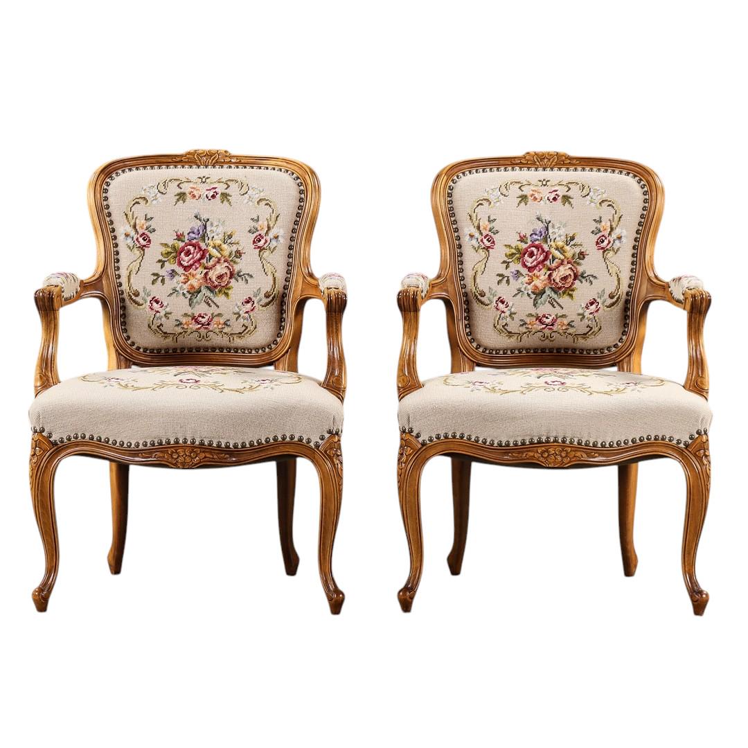 Louis XV style  Armchair. Hand-Carved Rococo Frame, Needlepoint Pastoral Tapestry. French Style, 1970s