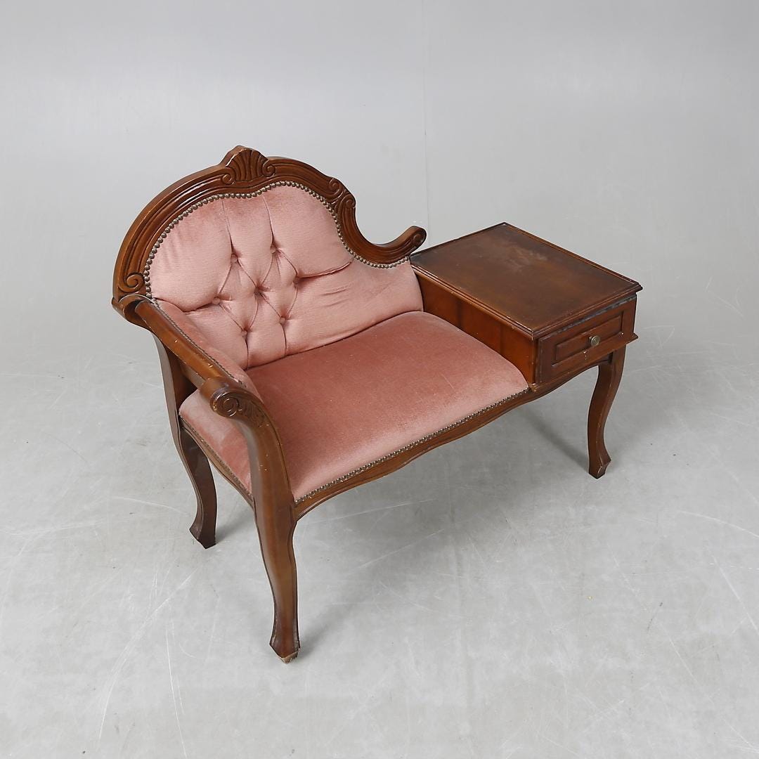 Gossip Bench Telephone Table Pink Velvet Carved Wood Vanity Seat with Drawer