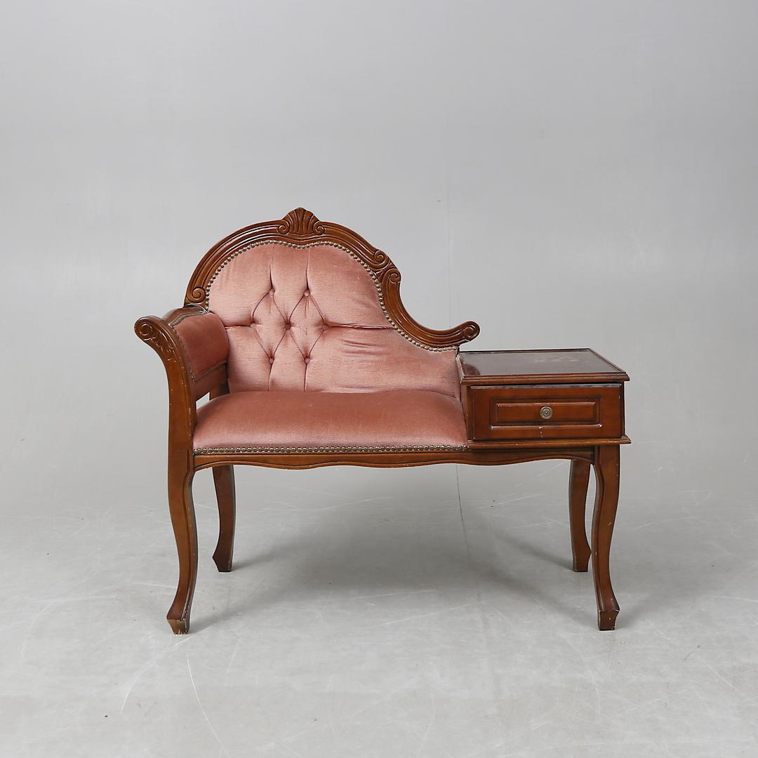 Gossip Bench Telephone Table Pink Velvet Carved Wood Vanity Seat with Drawer