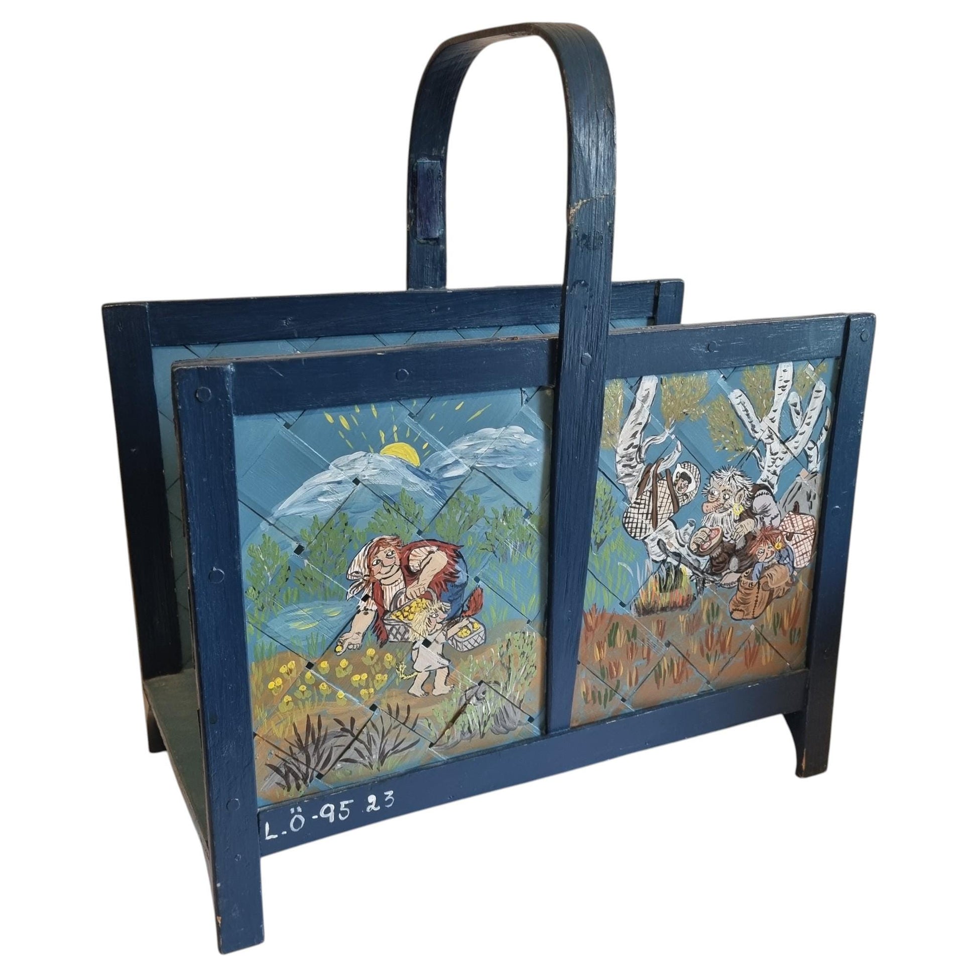 Scandinavian Troll Folk Art Magazine Holder, Hand Painted Storybook Art