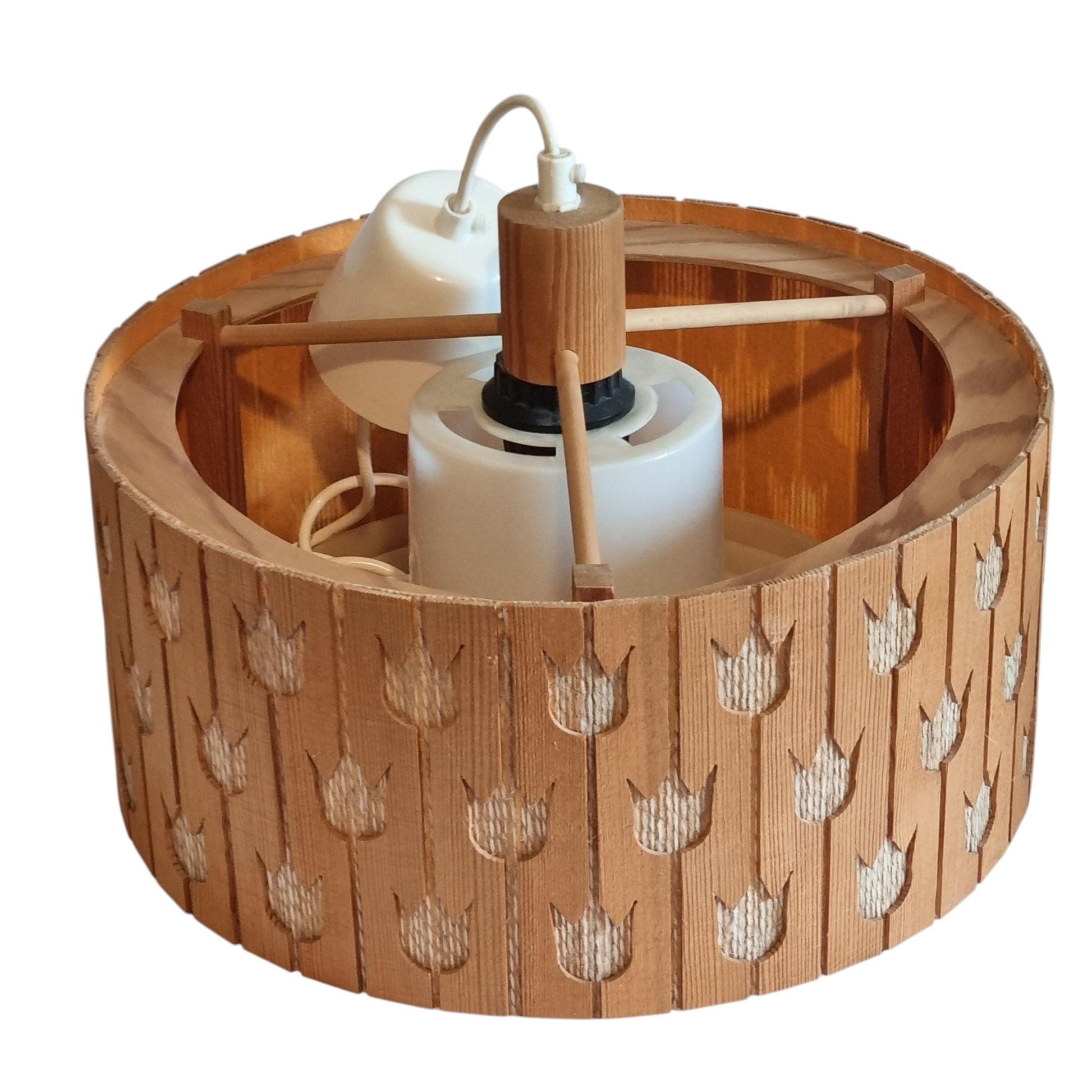 Swedish Wood Pendant Lamp Tulip Cutout Shade 1970s Scandinavian
