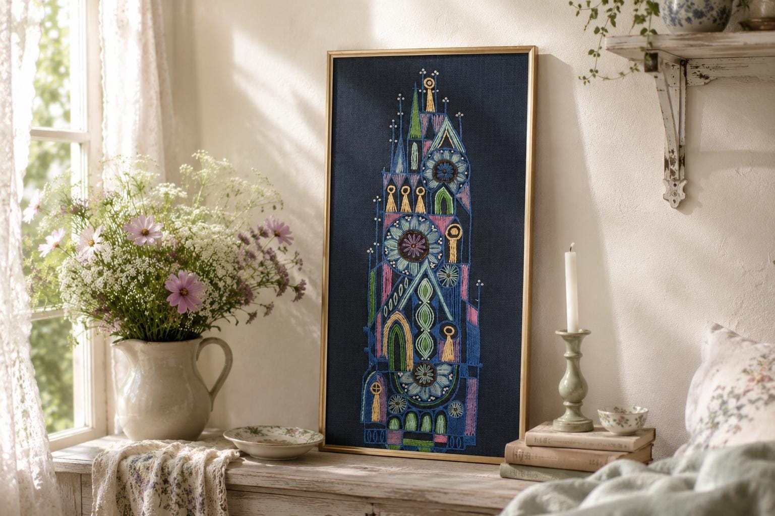 Vintage Scandinavian Embroidered Textile Wall Art, Framed Mid-Century Modern Needlework, 1960s Nordic Folk Design