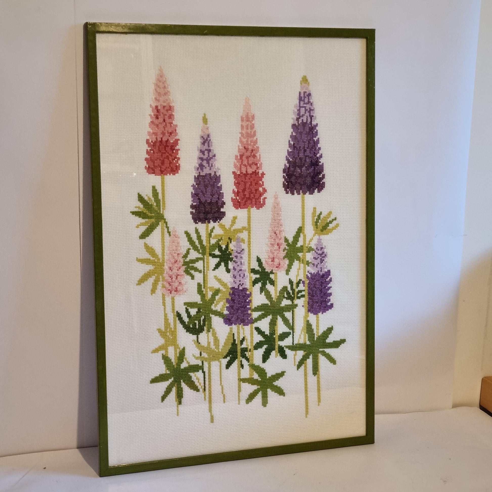 Framed Cross Stitch Lupine Flowers Wall Art Scandinavian Floral Needlework Sweden