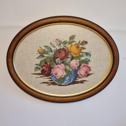 Framed Needlepoint Roses Bouquet Oval Wall Art Sweden Vintage