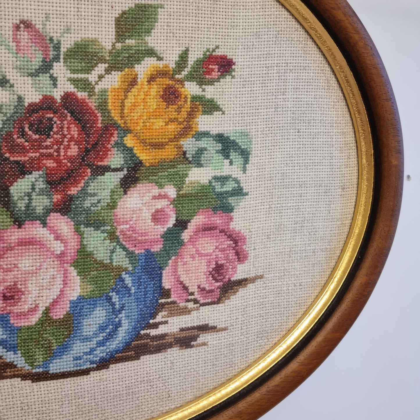 Framed Needlepoint Roses Bouquet Oval Wall Art Sweden Vintage
