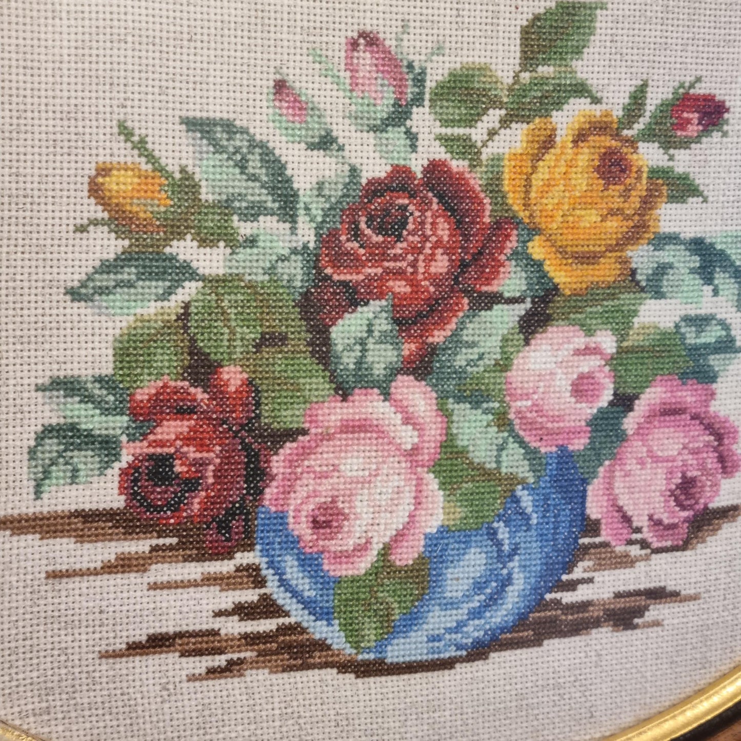 Framed Needlepoint Roses Bouquet Oval Wall Art Sweden Vintage