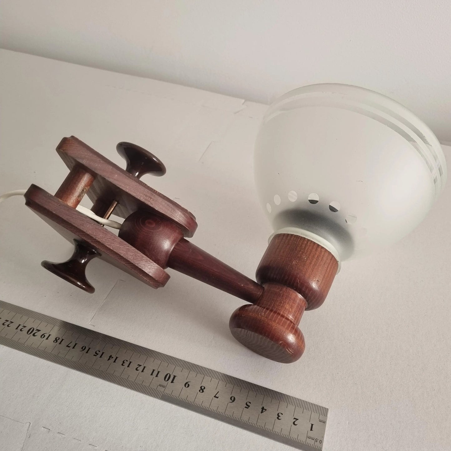 Scandinavian Wooden Wall Lamp – Vintage 1960s-70s Rotating Arm with Frosted Glass Shade, timeless charm, authentic vintage design