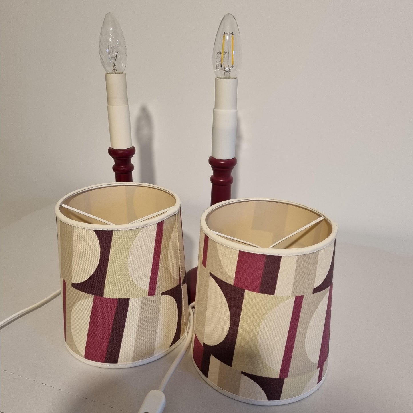 Mid-Century Modern Table Lamps – Cherry Beech with Original Retro Shades, 1970s Scandinavian Pair, Timeless Charm, authentic vintage