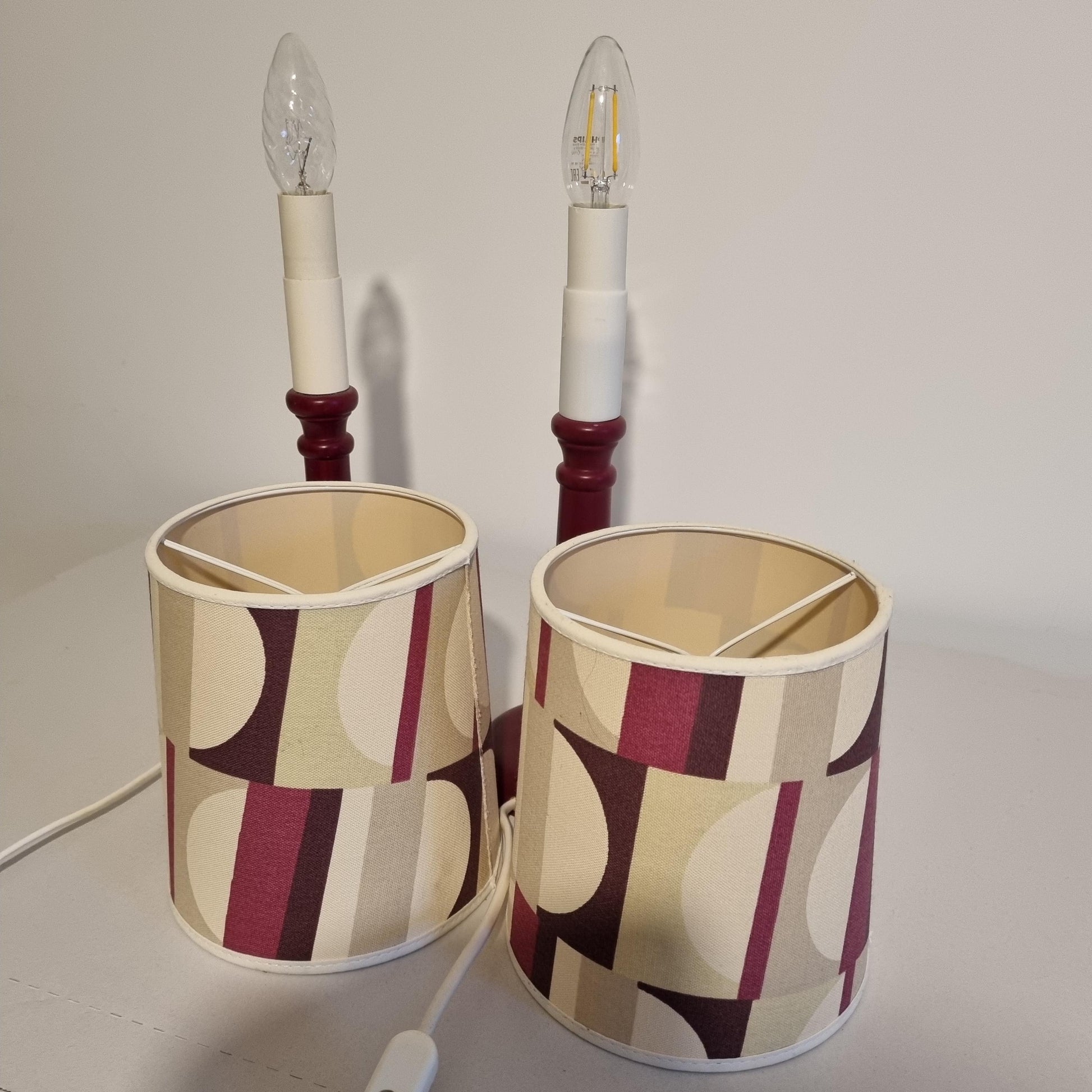 Mid-Century Modern Table Lamps – Cherry Beech with Original Retro Shades, 1970s Scandinavian Pair, Timeless Charm, authentic vintage