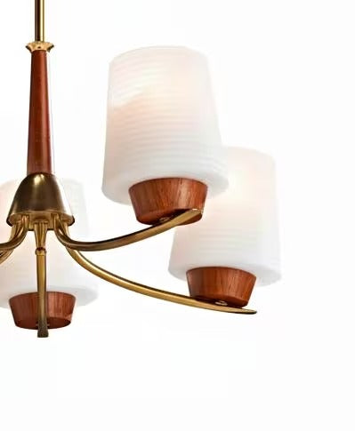Vintage 1950s Swedish Chandelier: Mid-Century Modern Brass & Teak Opaline Glass Pendant Light