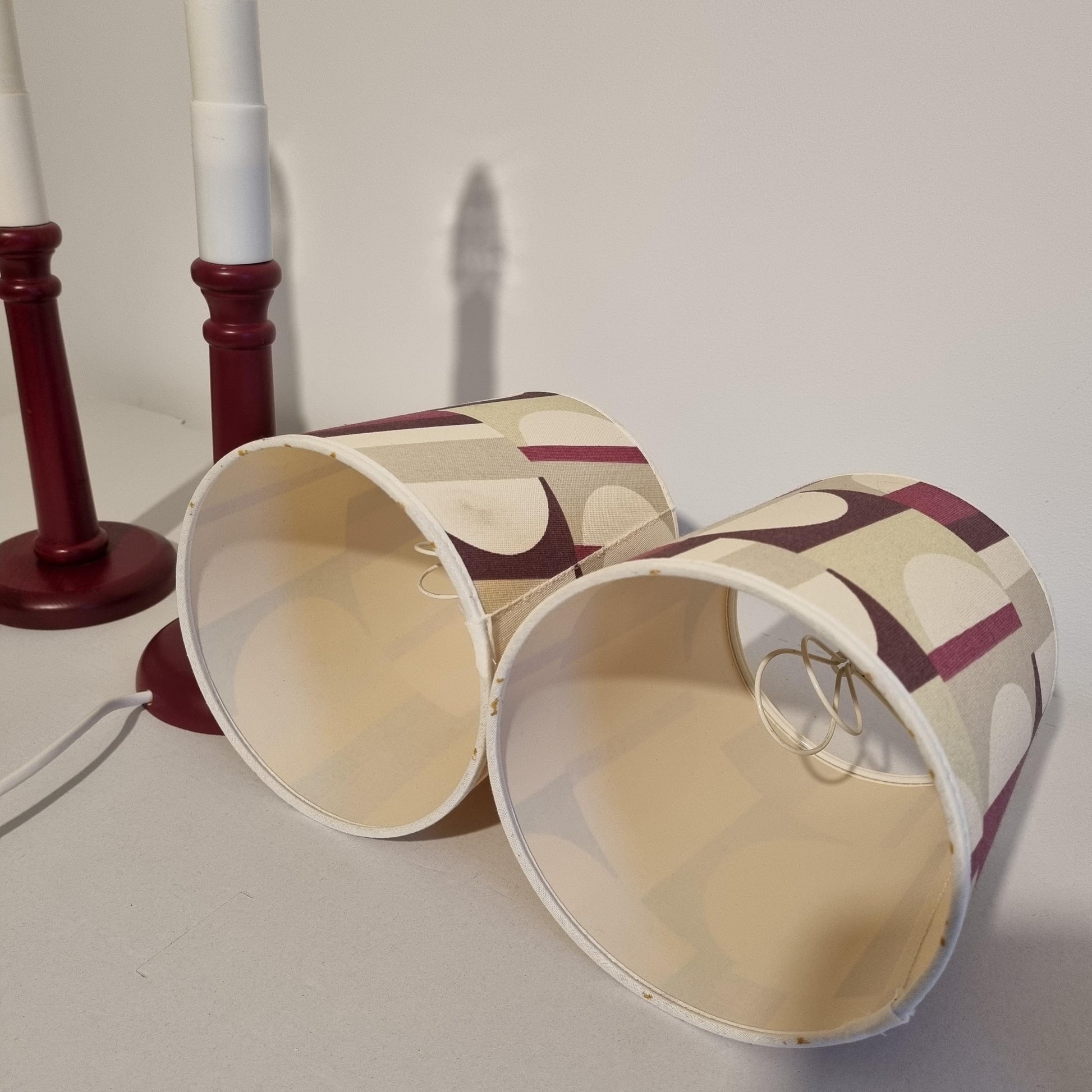 Mid-Century Modern Table Lamps – Cherry Beech with Original Retro Shades, 1970s Scandinavian Pair, Timeless Charm