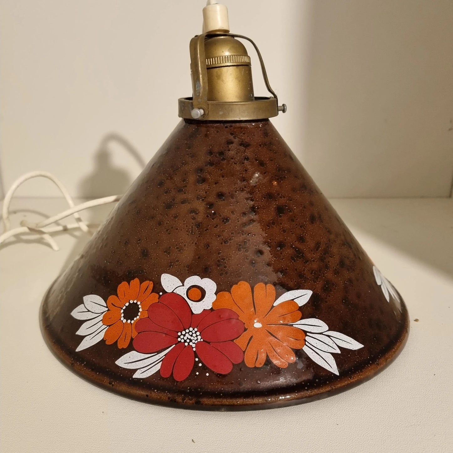 Vintage Enamel Hanging Lamp: Scandinavian Floral Pendant Light with hand-painted red and orange flowers, timeless charm, authentic vintage