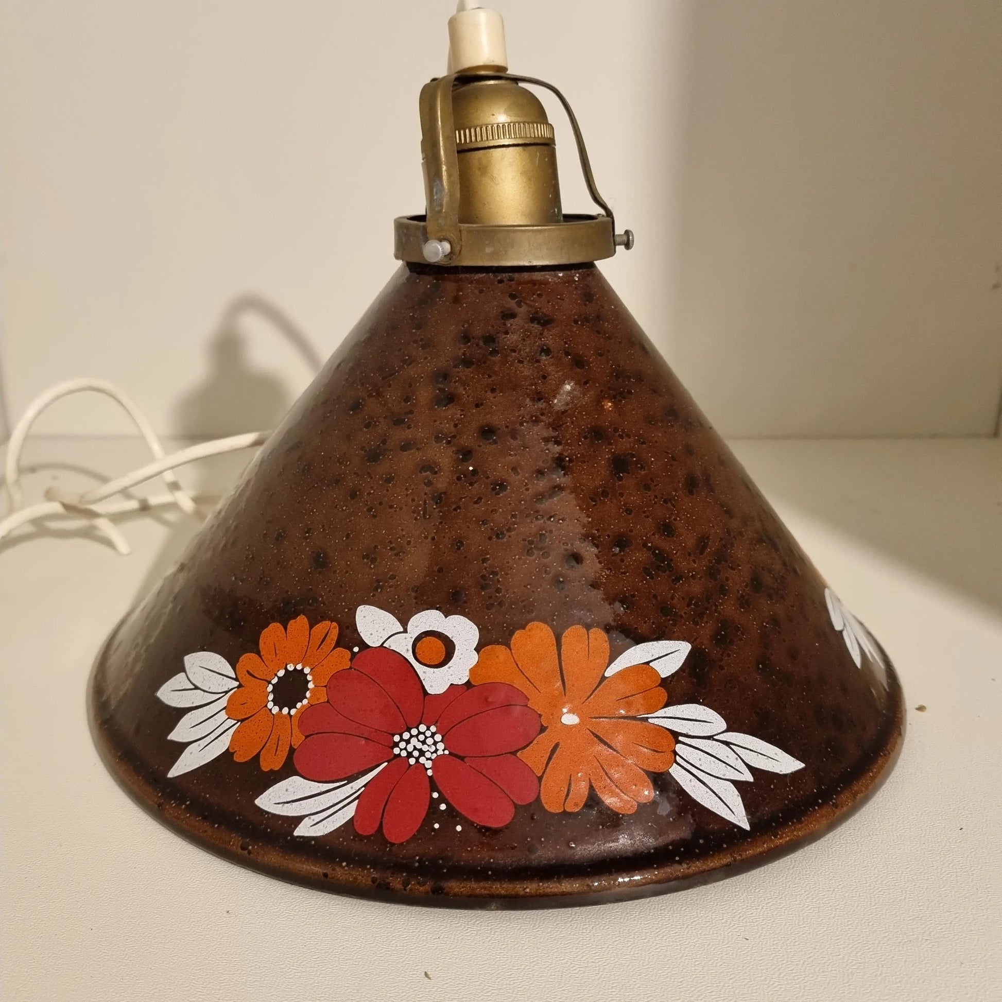 Vintage Enamel Hanging Lamp: Scandinavian Floral Pendant Light with hand-painted red and orange flowers, timeless charm, authentic vintage