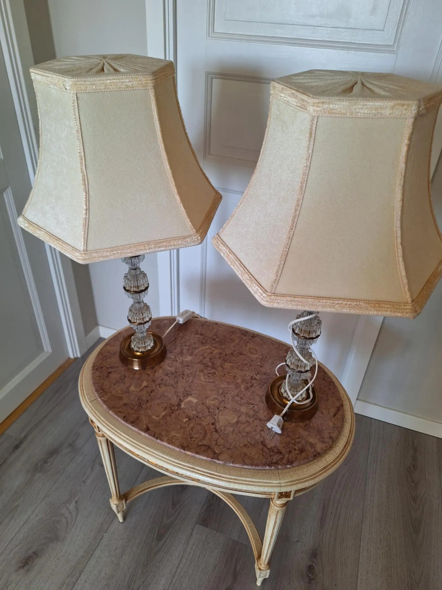 Signed Carl Fagerlund Table Lamp Pair – Orrefors Crystal & Brass, Original Shades, Swedish Mid-Century (1960s), timeless charm, authentic vintage