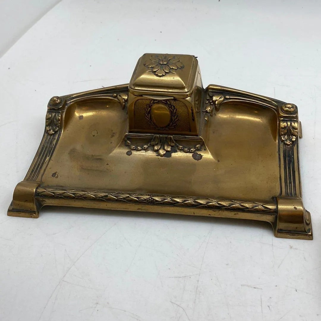 Art Nouveau Brass Desk Set - Elegant Office Accessory with Inkwell and Seal Press in vintage brass finish