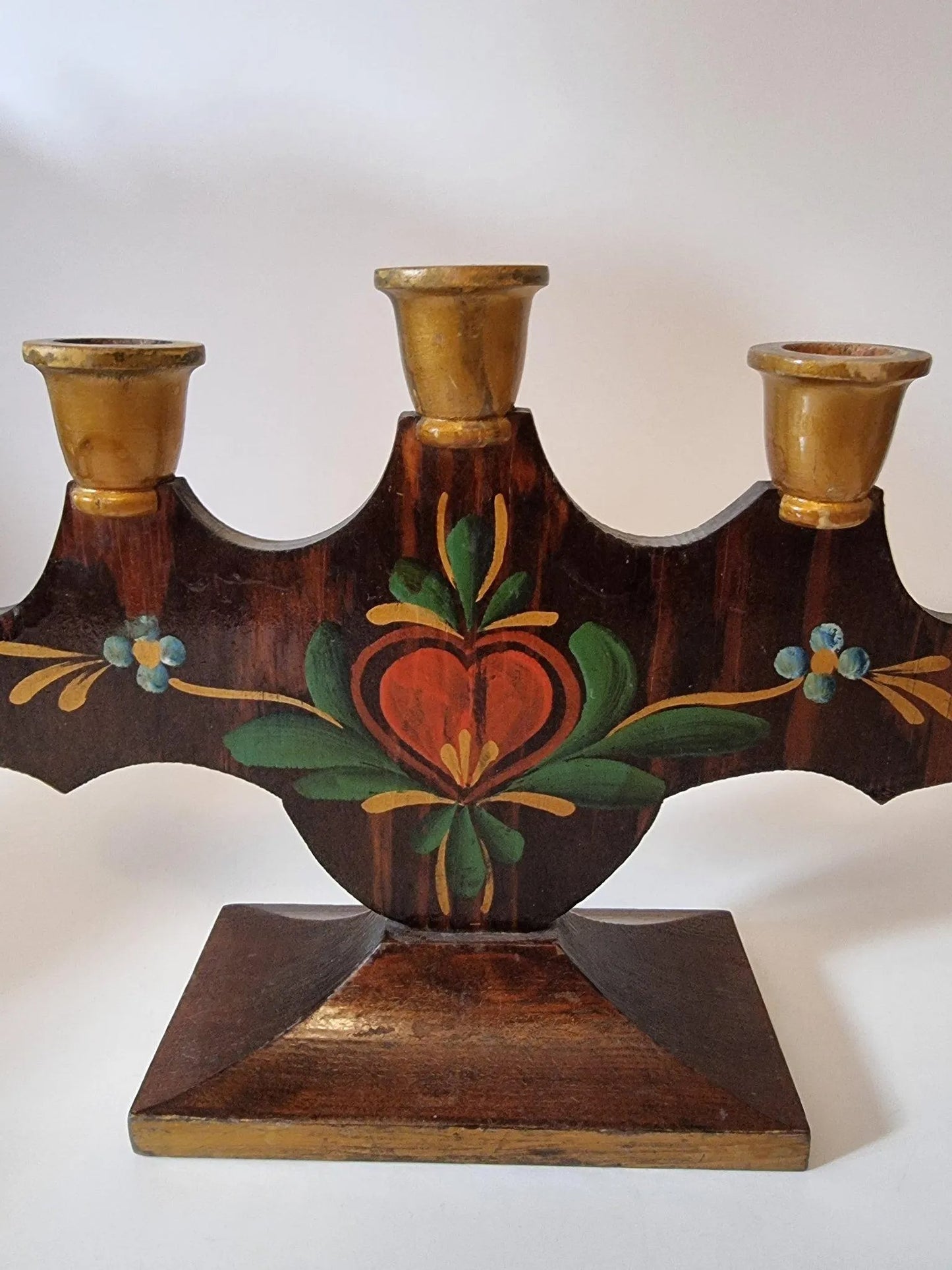 Hand Painted Swedish Candelabra: Allmoge Folk Art Wood Candle Holder with authentic vintage Scandinavian charm. Timeless Charm.