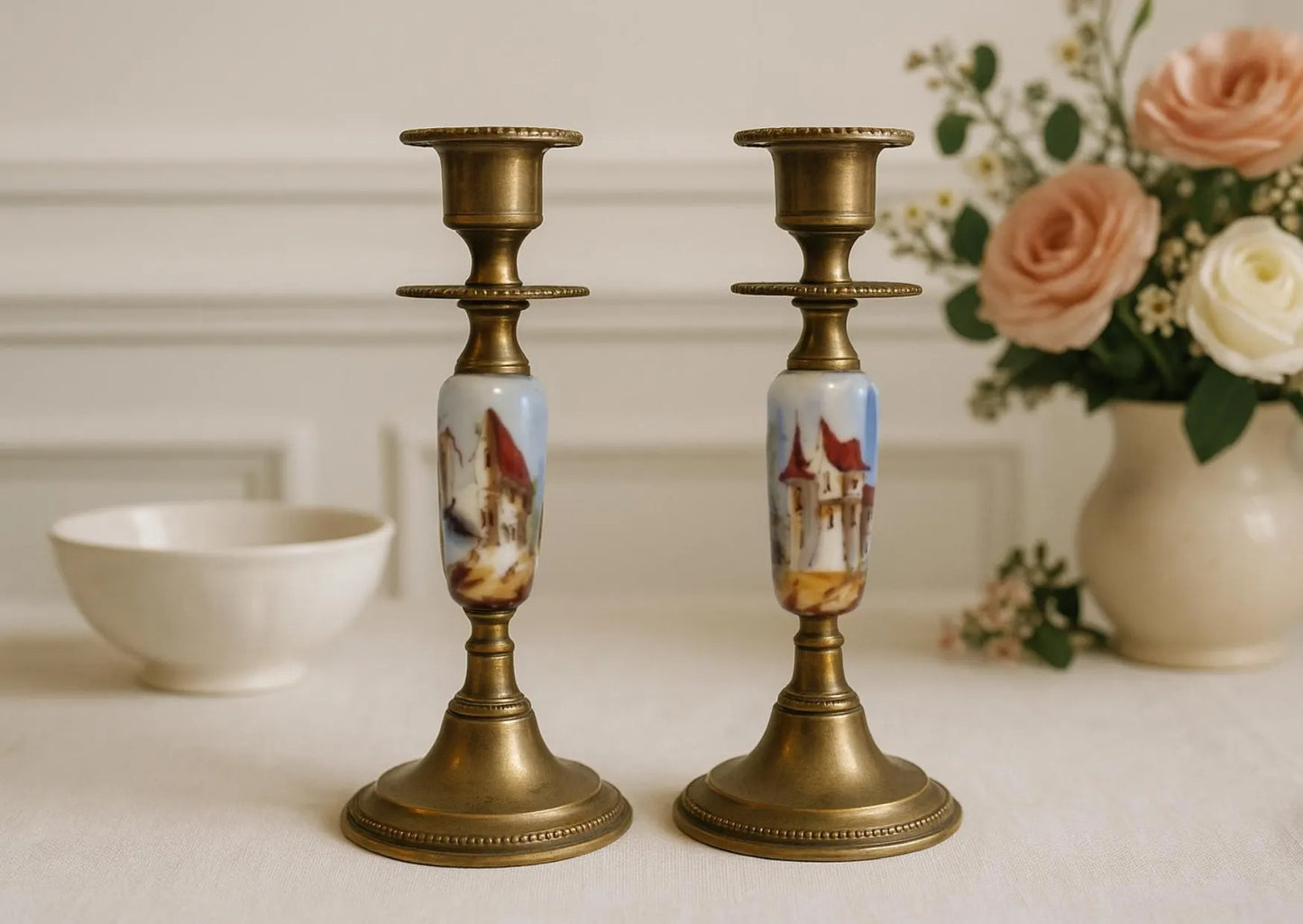 Vintage Brass Candle Holders: Hand-Painted European Village Scene, 1920s Pair with floral decor in soft, warm lighting.
