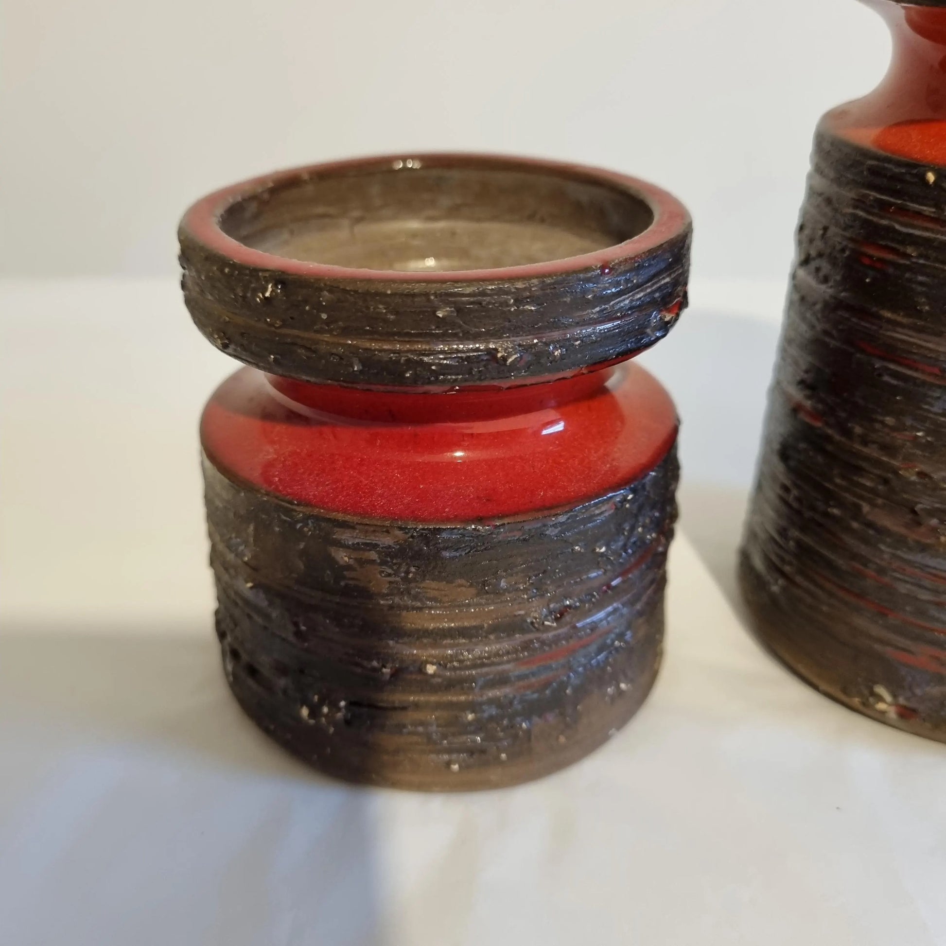 Scandinavian Ceramic Vase Set – Rustic Stoneware, Japandi Style with red and textured black mid-century modern design