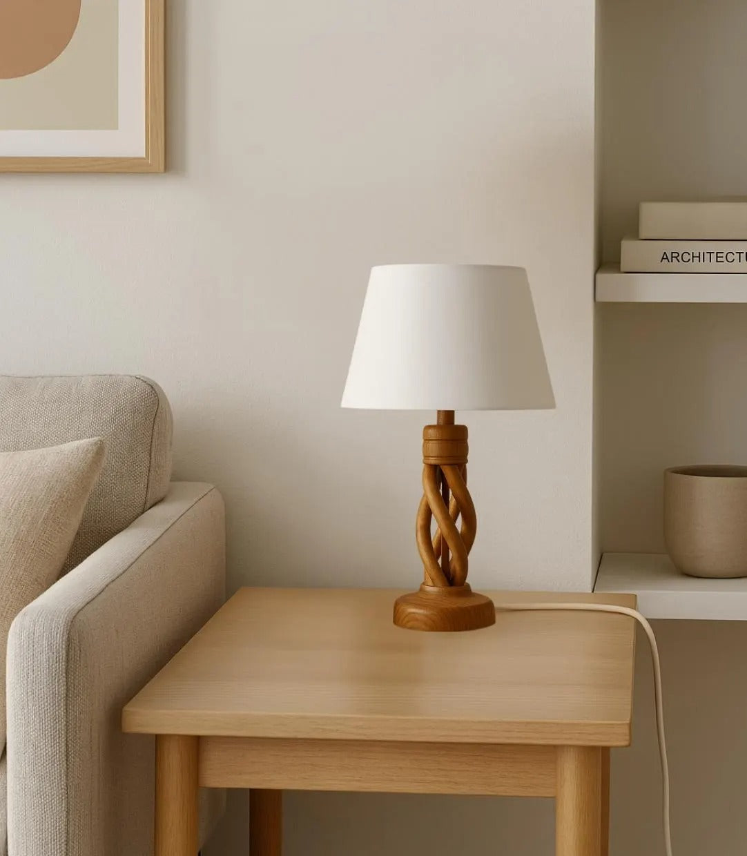 Mid-Century Modern Oak Table Lamp – Handmade Twisted Base, White Shade, 1960s, authentic vintage, timeless charm