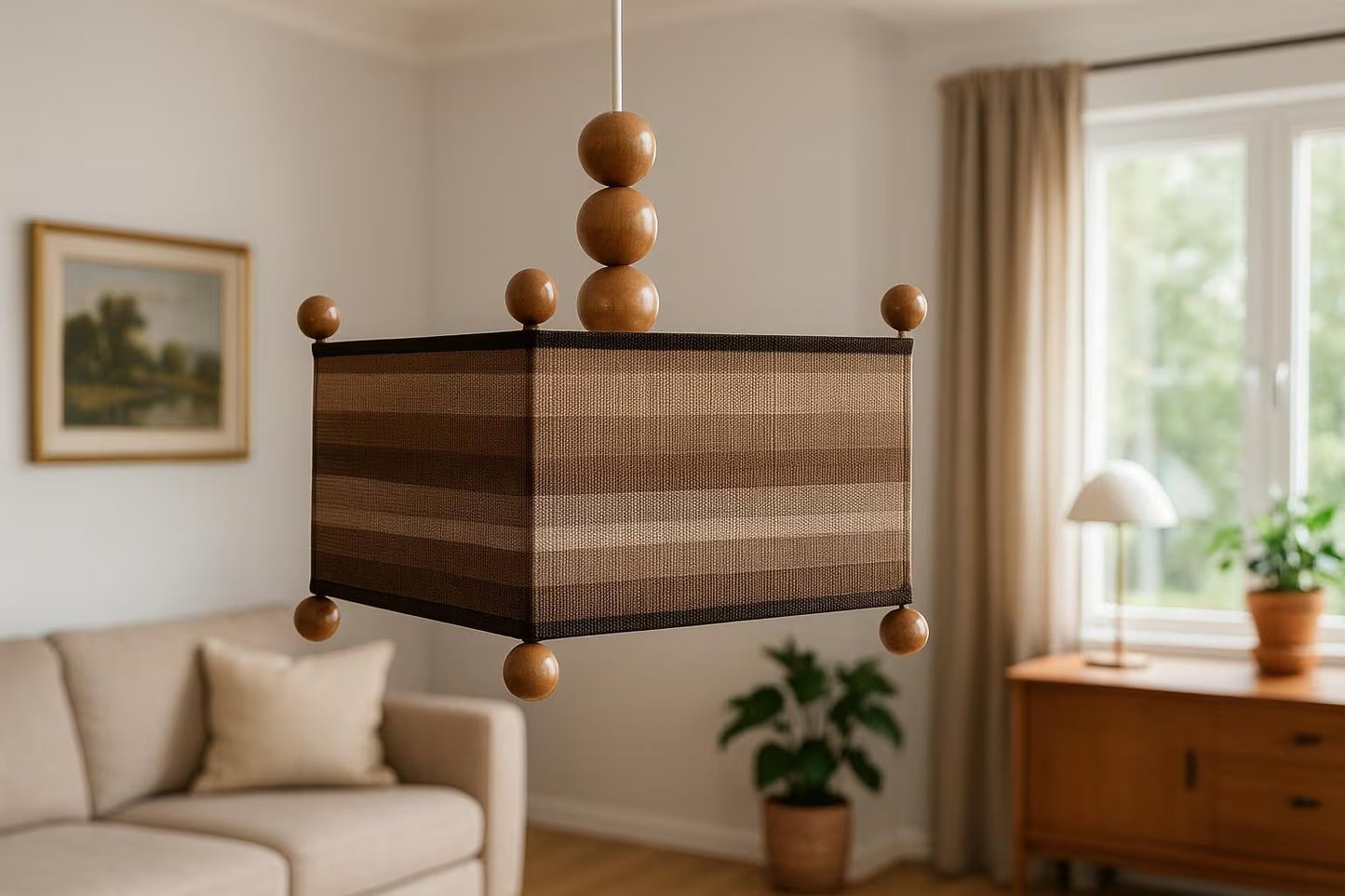 1970s Scandinavian Pendant Lamp – Pine Wood & Textile Shade with authentic vintage charm in a cozy mid-century modern living room setting