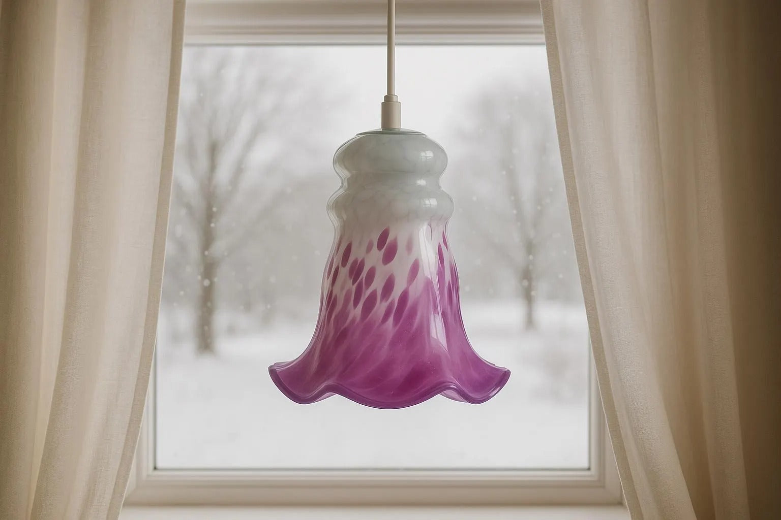 Vintage Tre Bockar Glass Pendant Lamp – Handblown Swedish Design with pink and white bell-shaped shade by window