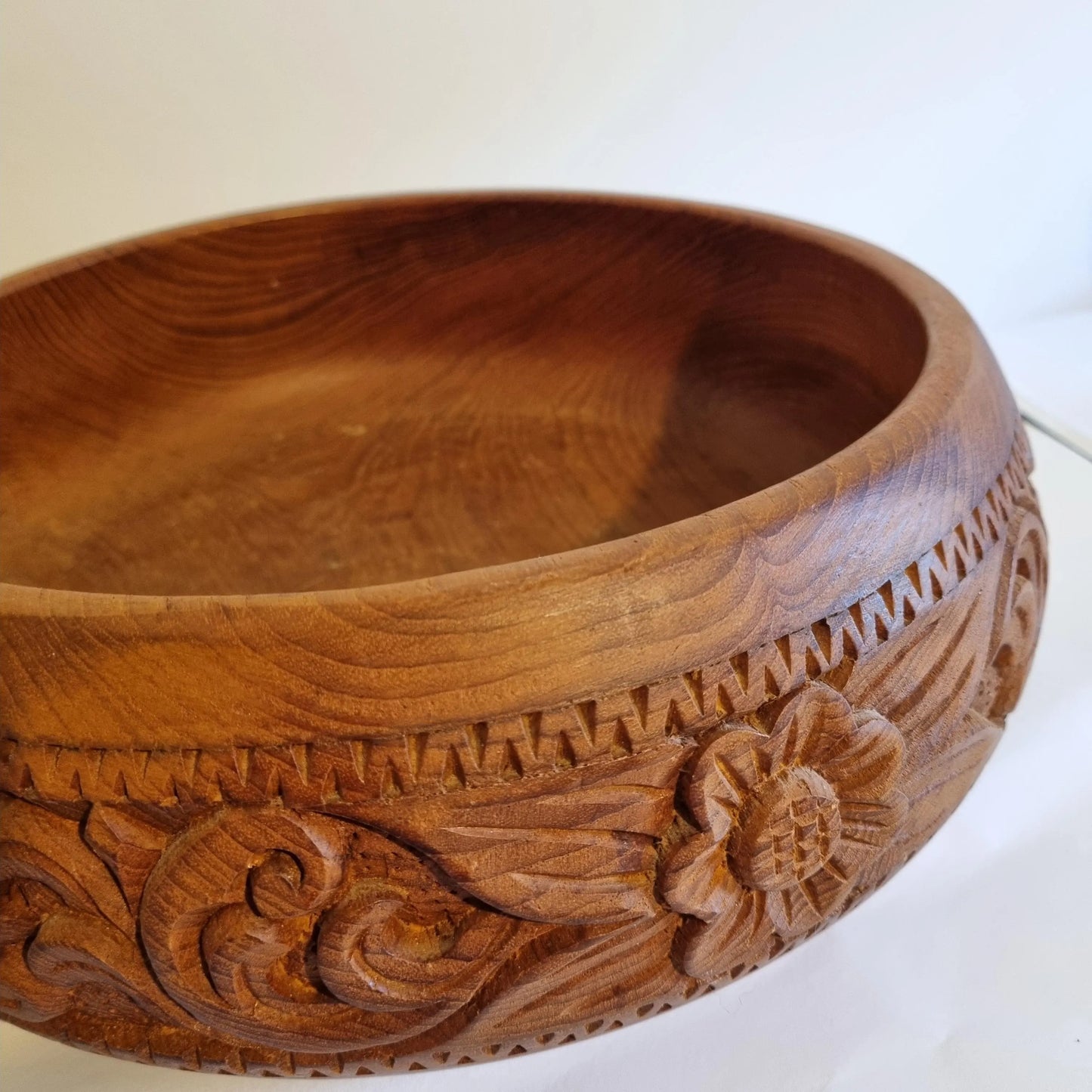 Hand Carved Teak Wood Bowl: Mid-Century Scandinavian Floral Centerpiece with intricate carved floral and geometric designs