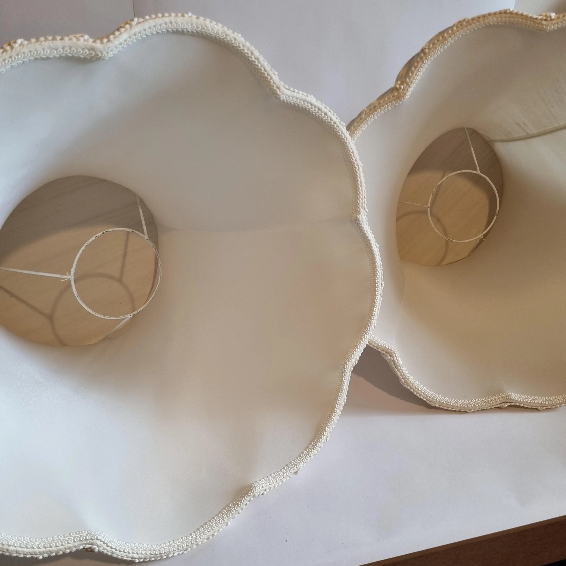 Vintage Cream Lampshade Pair: Oversized Retro Shades, Unused with scalloped edges, authentic vintage, timeless charm.